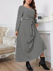 Women's Houndstooth Print Maxi Dress With Belt