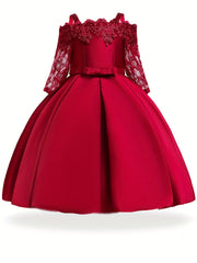 Toddler Girls Off Shoulder Lace Long Sleeve Dress for Party Birthday Gown