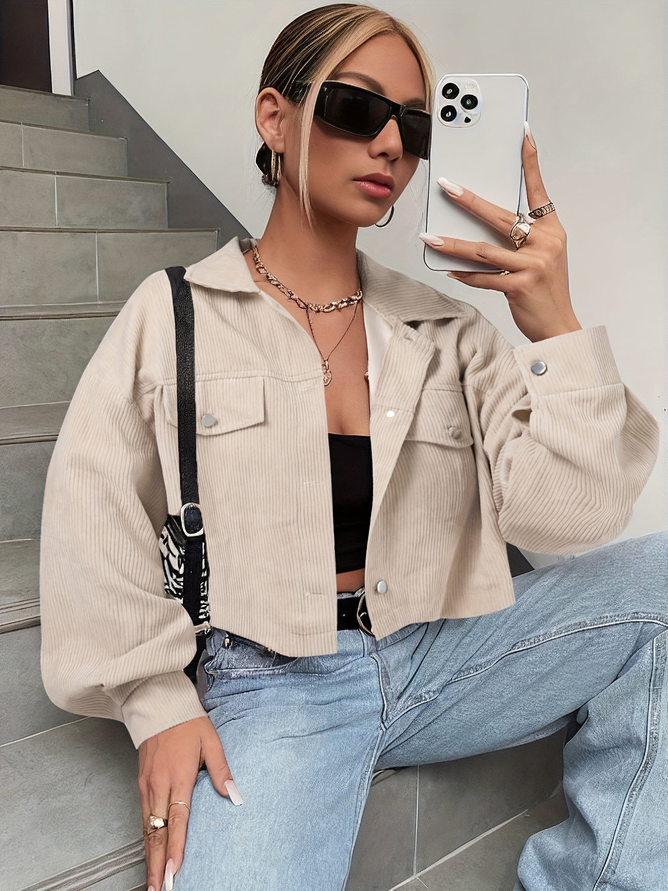 Button Front Flap Pockets Crop Jacket for Women
