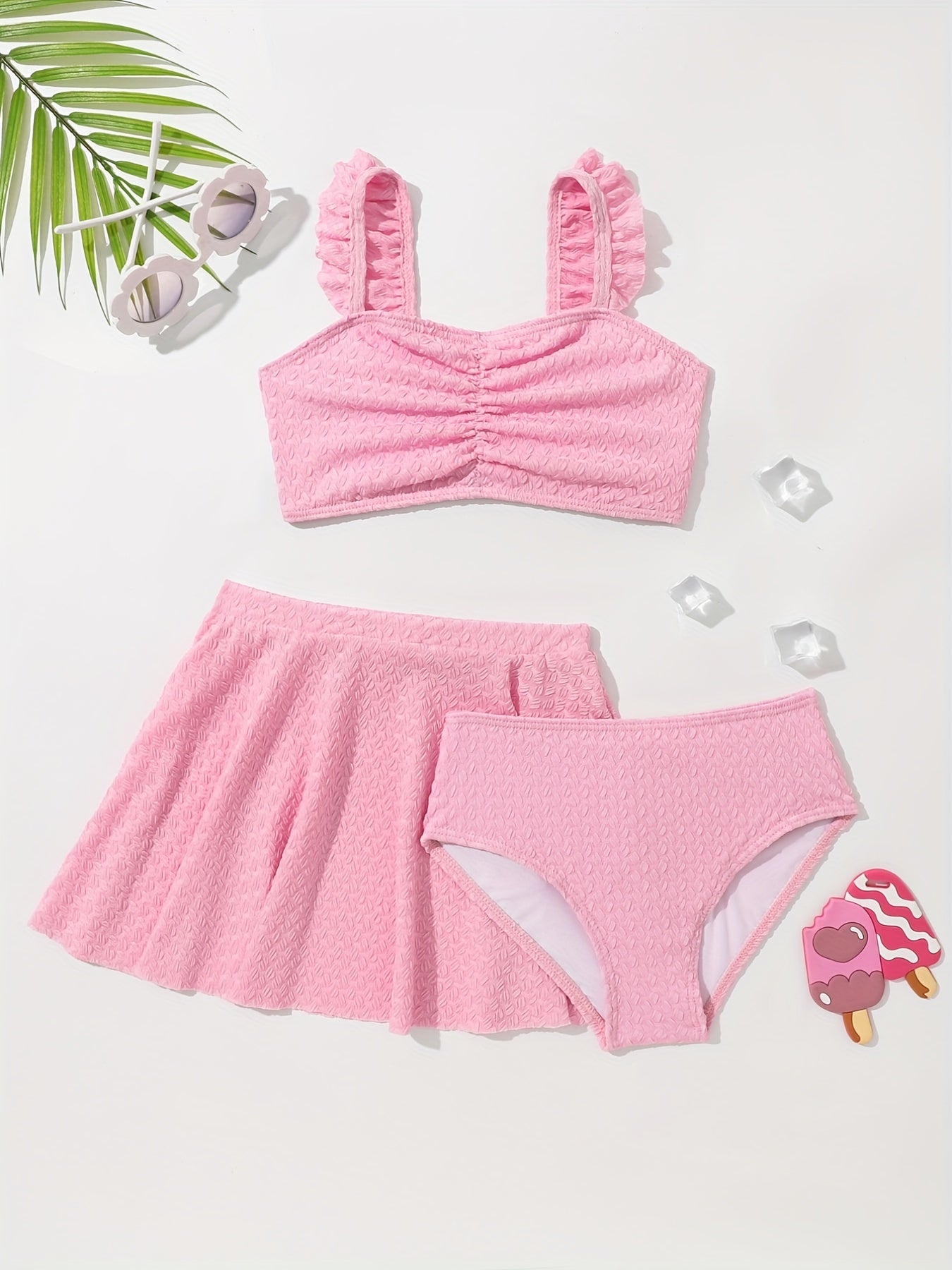 Baby Girls 3pcs Swimsuit Set Shirred Crop Top & Skirt & Shorts