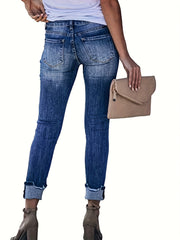 Distressed High Stretch Skinny Jeans Mid Waist Denim Trousers