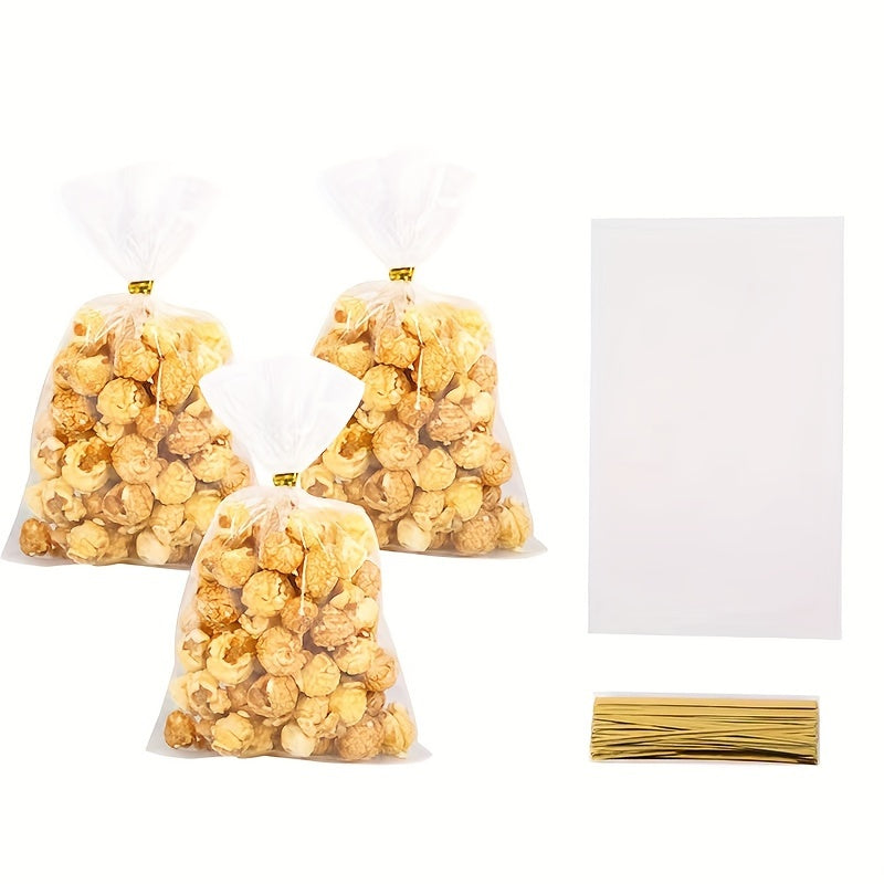 100pcs Transparent Snack Bags + Twist Ties for Cookies, Candy, Party Gifts