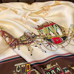 Retro Carriage Print Scarf Block Silk Shawl Head Wrap Women Sunscreen