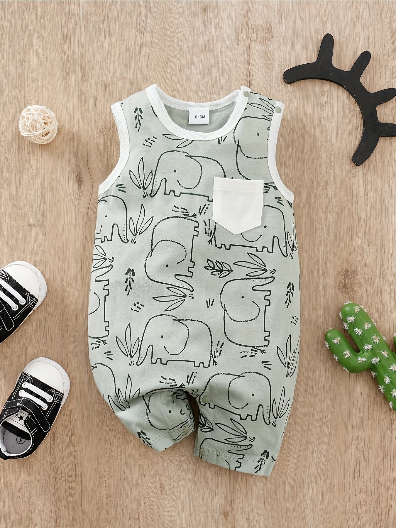 Baby Boys Cartoon Print Sleeveless Romper, Comfortable Breathable