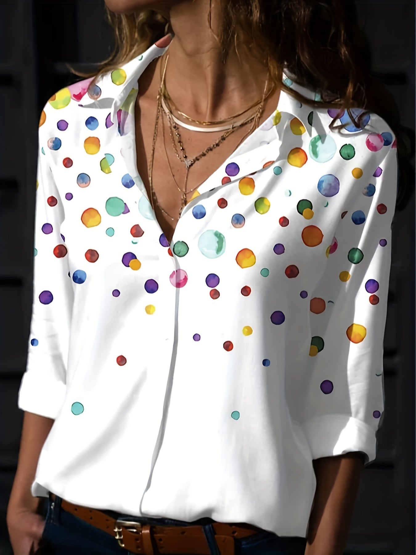 Colorful Dot Print Button Up Blouse