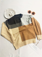 Boys Block Sweater Round Neck Stretch Knit Pullover Top