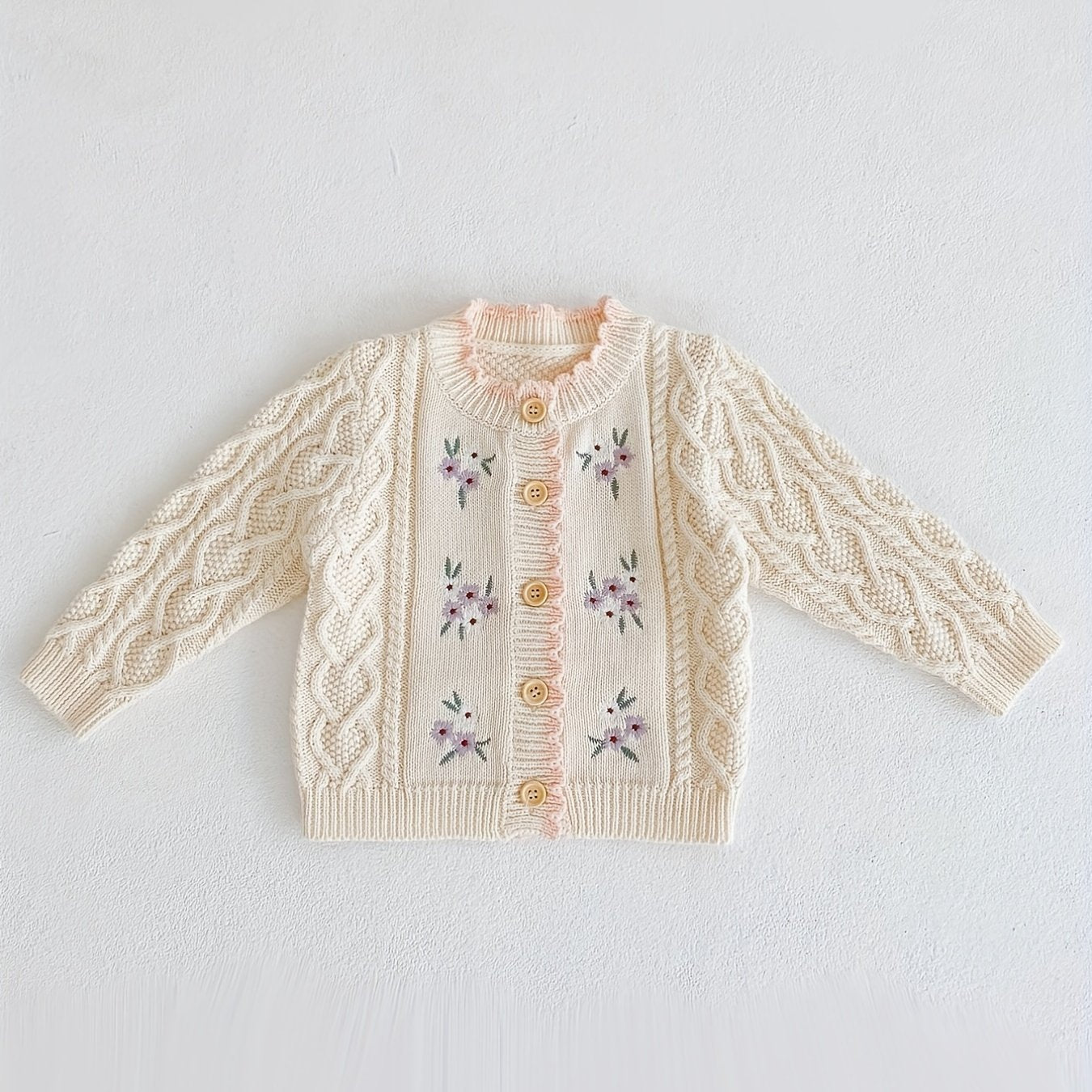 Kids Small Flower Embroidered Cotton Knitted Cardigan