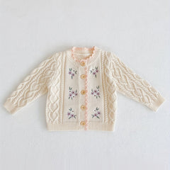Kids Small Flower Embroidered Cotton Knitted Cardigan