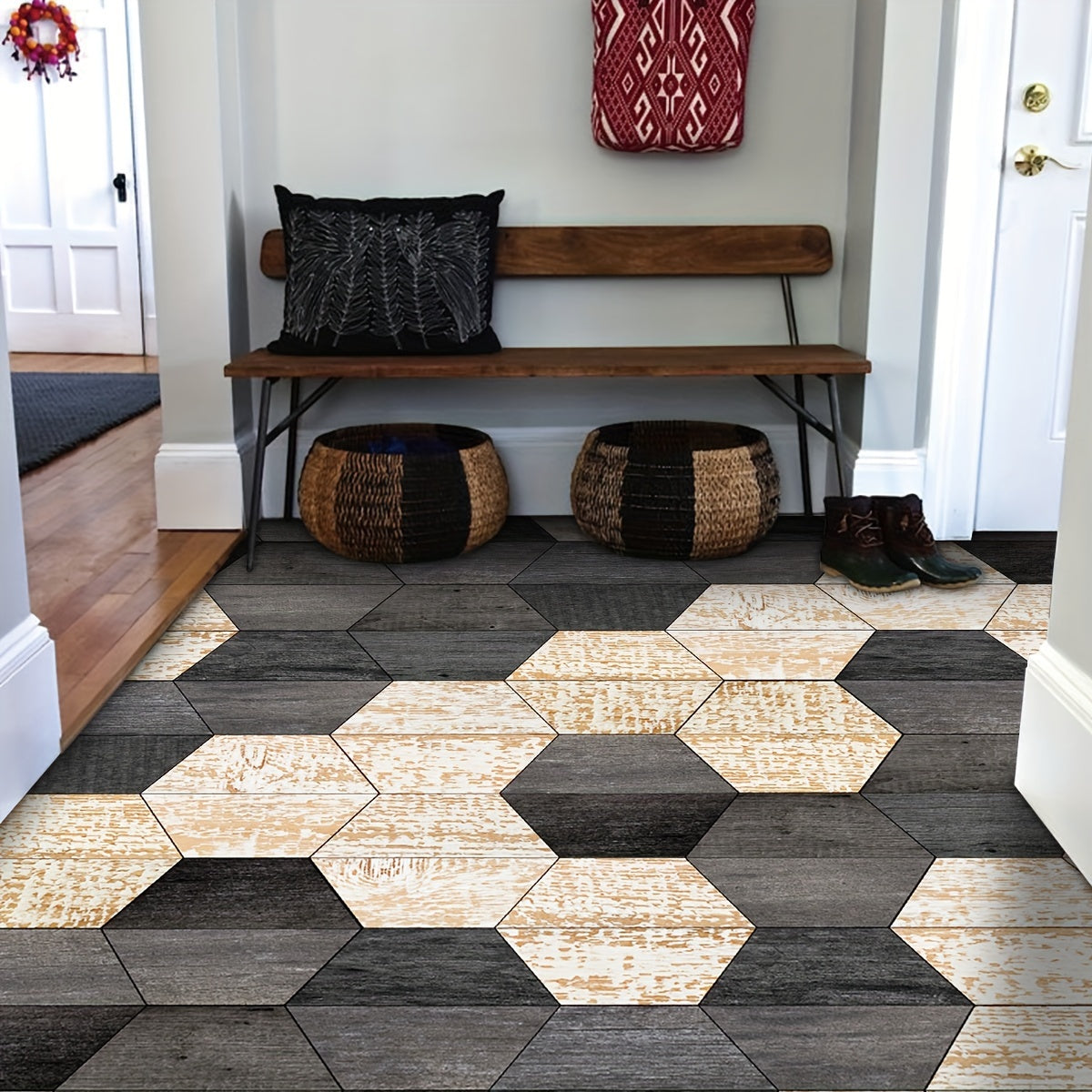 11pcs Wood Grain Pattern Hexagon Floor Stickers Waterproof Non-slip