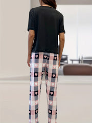 Heart & Letter Graphic Tee & Plaid Print Pants Pajama Set