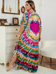 Boho Cover Up Women's Plus Tie Dye Print Split Maxi Beach Cover Up