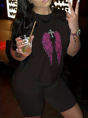 Rhinestone Cross & Wings Tee & Biker Shorts Set