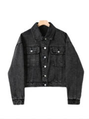 Elastic Band Washed Cropped Denim Jacket
