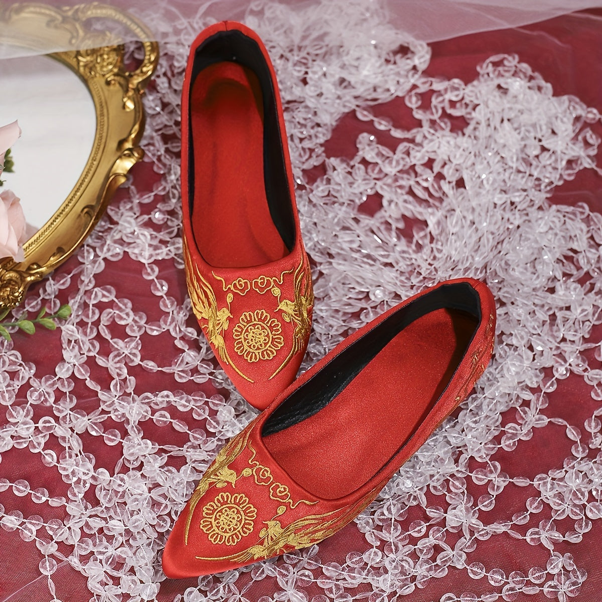 Embroidered Flat Shoes Pointed Toe Slip On Wedding Shoes Soft Sole
