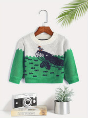 Block Round Neck Jacquard Knitted Pullover Top Girls Sweater