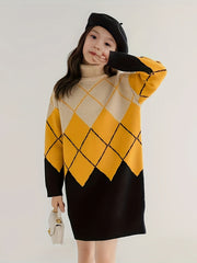 Girls 95 Cotton Diamond Pattern Long Sleeve Knitwear Kids Clothes Gift