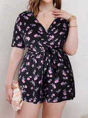 Floral Print Short Sleeve Romper with Belt