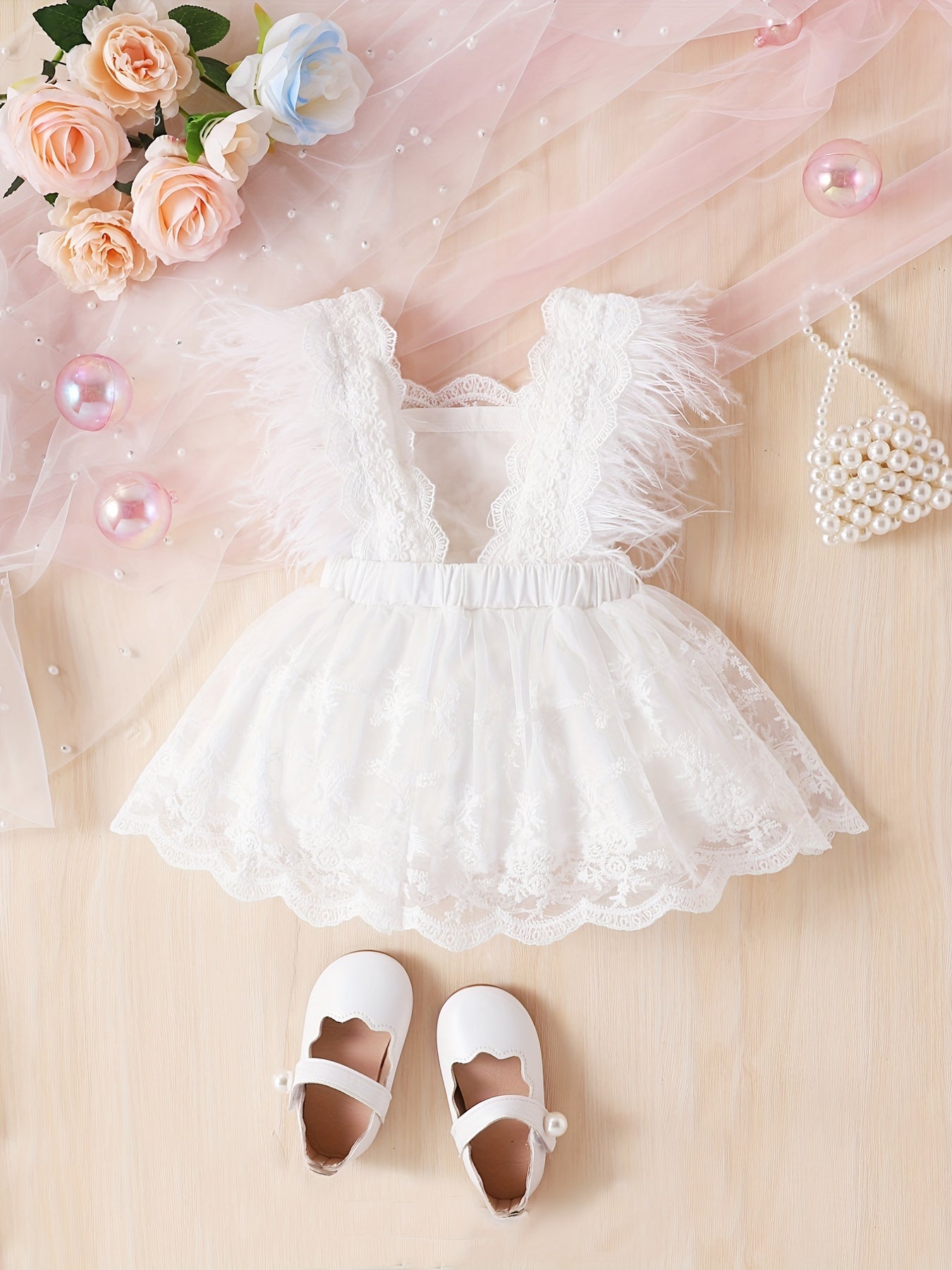 Feather Lace Sleeve Floral Fairy Princess Dress Infants Toddlers