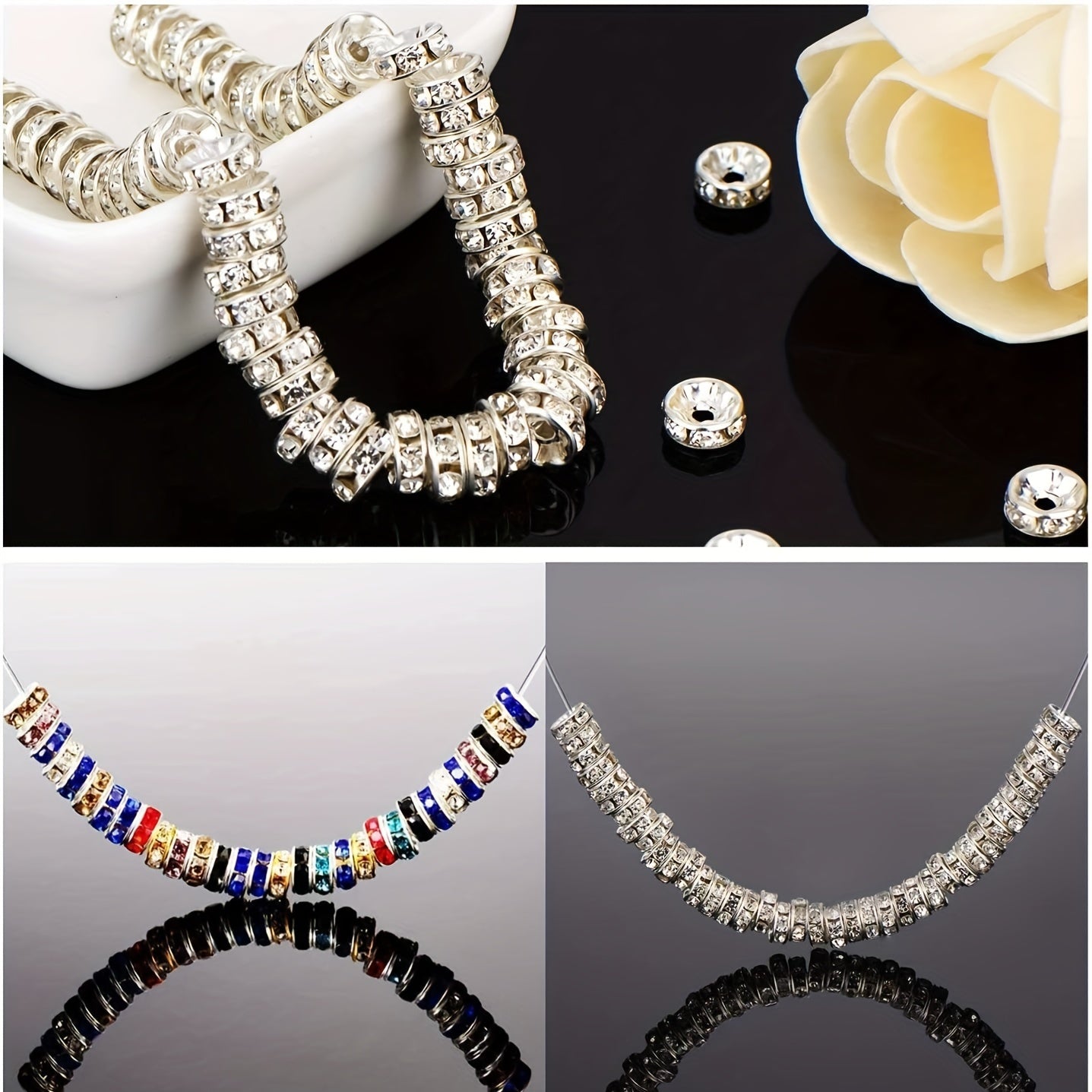 100pcs Silver Plated Round Interval Beads Czech Crystal Rhinestones