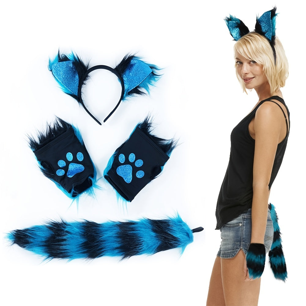 Cat Wolf Fox Tail Faux Fur Headband Paw Gloves Set Adults Children Fancy Party