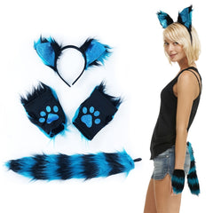 Cat Wolf Fox Tail Faux Fur Headband Paw Gloves Set Adults Children Fancy Party