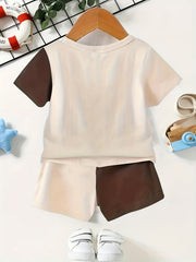 2pcs Boys Funny Face Block T shirt & Shorts Summer Clothes Sets