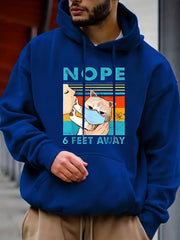 Men's Cartoon Cat & NOPE Print Hooded Sweatshirt Long Sleeve Drawstrings