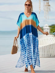 Tie Dye V Neck Kaftan Cover Up Dress Loose Fit Maxi Length Beach Coverup