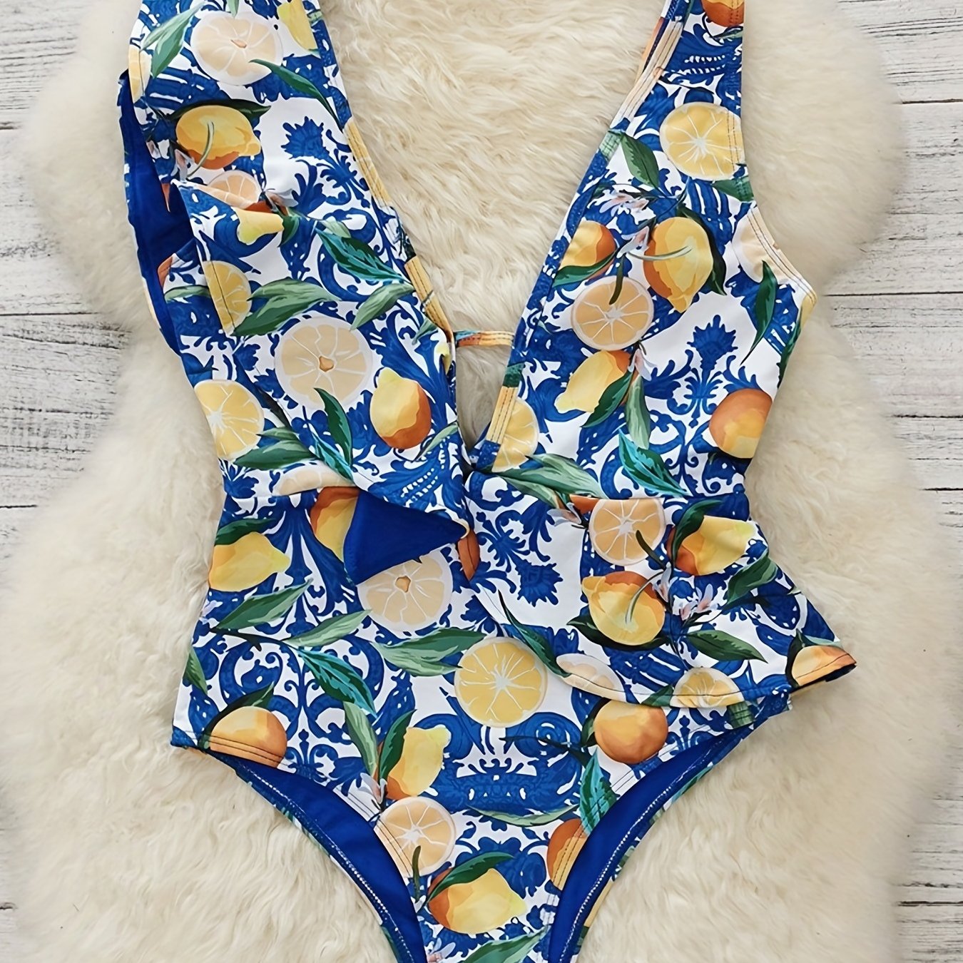 Lemon Print Ruffle Trim One Piece Swimsuit Deep V Neck Bathing Suit
