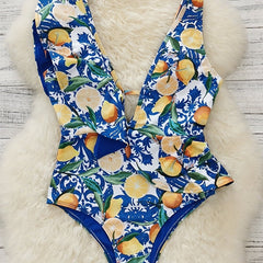 Lemon Print Ruffle Trim One Piece Swimsuit Deep V Neck Bathing Suit