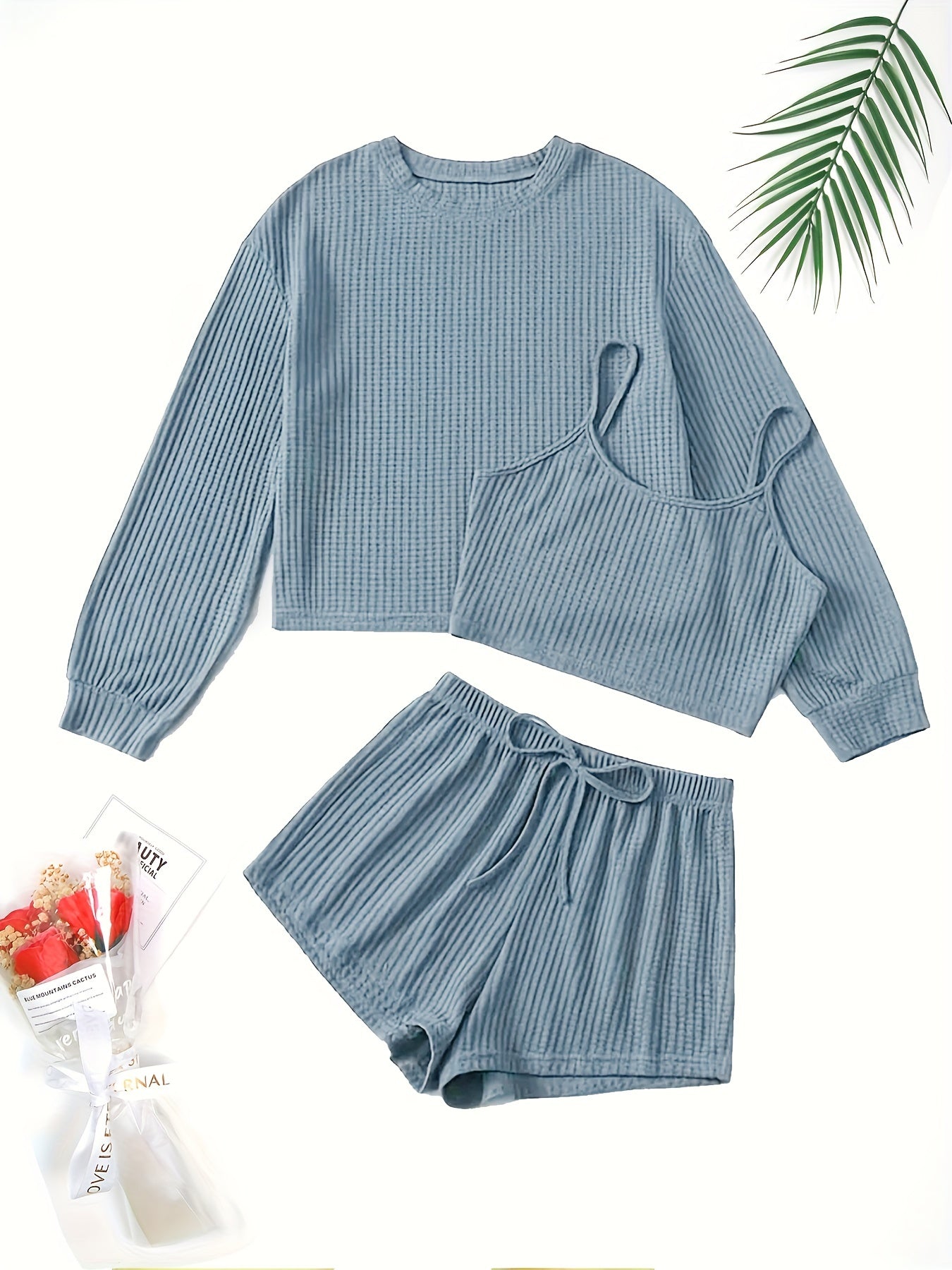 Waffle Solid Lounge Set Cami Top & Long Sleeve Crew Neck Top & Lace Up Shorts