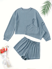 Waffle Solid Lounge Set Cami Top & Long Sleeve Crew Neck Top & Lace Up Shorts