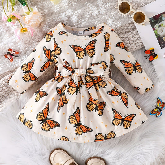 Baby Girls Butterfly Print Dress with Bow Belt for Spring and Autumn
