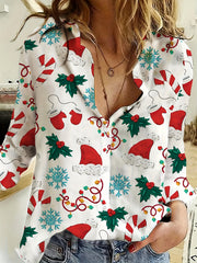 Christmas Casual Blouse Women's Plus Graphic Print Button Up
