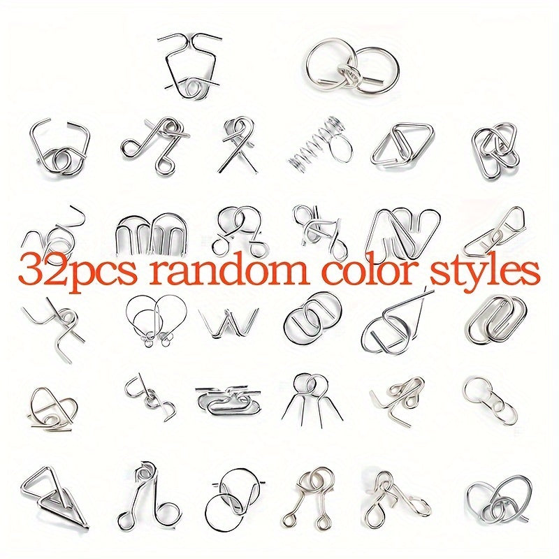 Pocket Wire Puzzle Set 32 Pieces Brain Test Chain Unlock Interlocking Game Ring