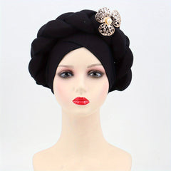 Oversized Braided Turban Cap Faux Pearl Flower Decor Head Wrap