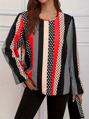 Colorblock Dot Print Lantern Sleeve Top