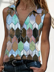 Geo Pattern Collar Tank Top Zip Up Casual Top For Summer