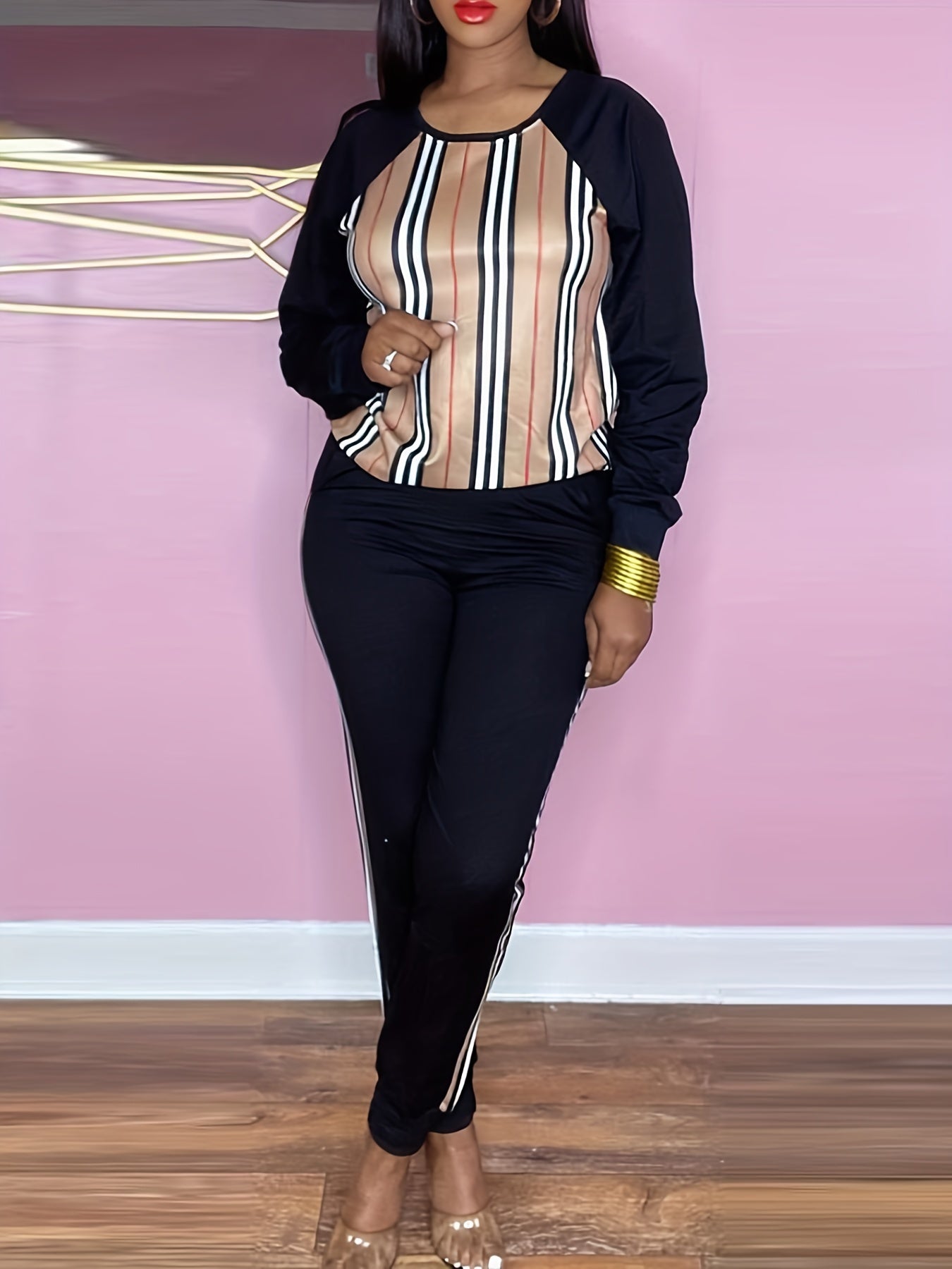 Women's Plus Striped Print Raglan Sleeve Top & Joggers Set