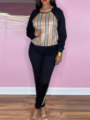 Women's Plus Striped Print Raglan Sleeve Top & Joggers Set