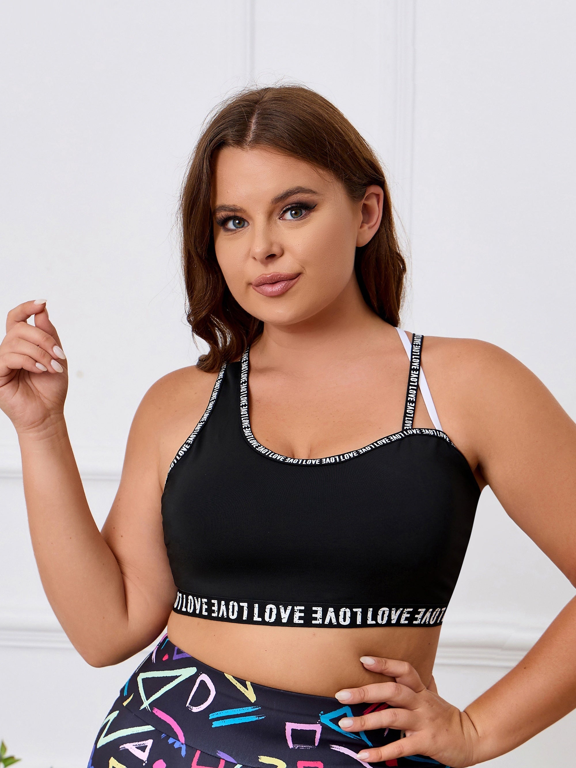 Sports Bra Women's Plus Letter Print Split Strap Criss Cross Back