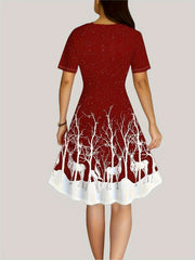 Reindeer Print Short Sleeve Christmas Dress
