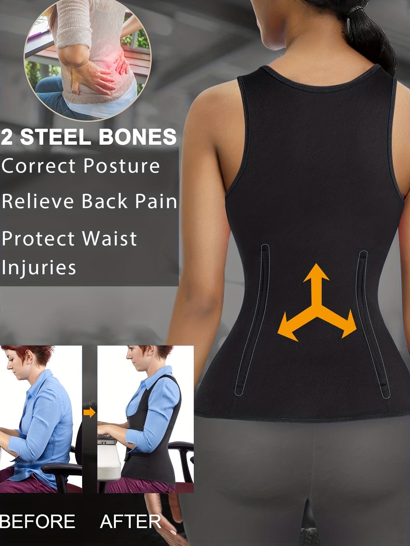 Waist Training Sweat Sauna Tank Top Tummy Control Zipper Women's Activewear