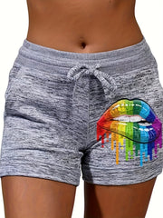 Rainbow Mouth Pattern Drawstring Shorts Casual Dual Pockets Shorts
