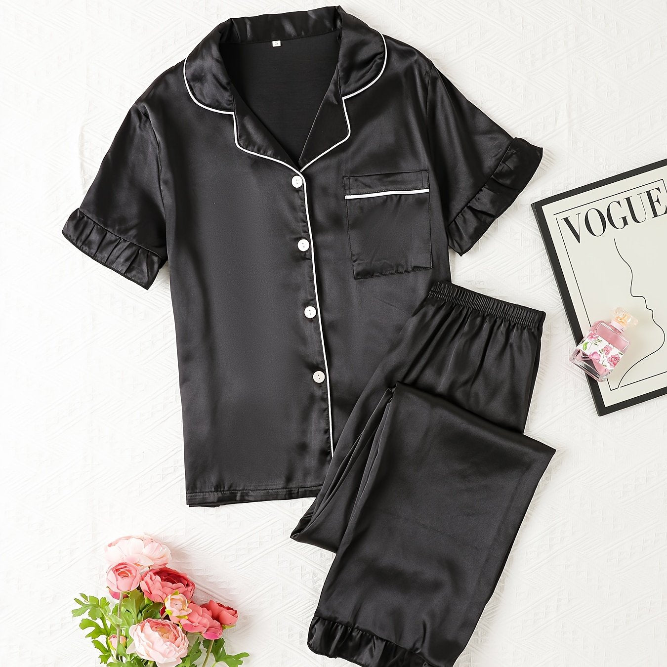Satin Pajama Set Short Sleeve Top & Elastic Waist Pants Women's Sleepwear