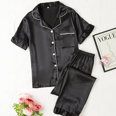 Satin Pajama Set Short Sleeve Top & Elastic Waist Pants Women's Sleepwear