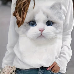 Cat Print Pullover Sweatshirt Long Sleeve Crew Neck Sweatshirt