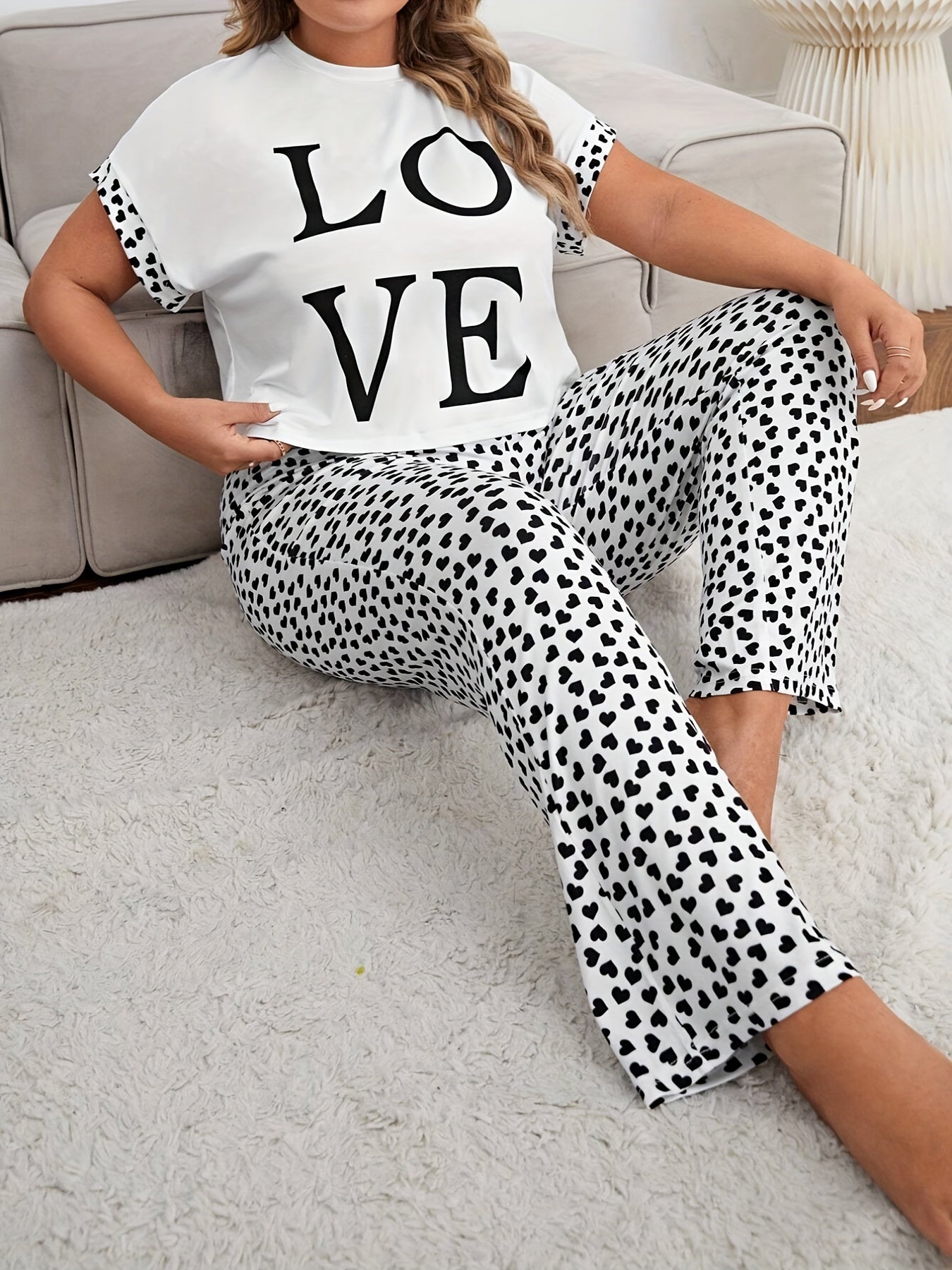 Loungewear Set: Graphic Tee & Heart Print Pants Pajama
