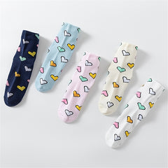 5 Pairs Heart Print Socks Comfy Women's Stockings & Hosiery