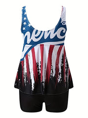 Independence Swimsuit Set Flag Print V Neck Tie Front Tank Top & Short
